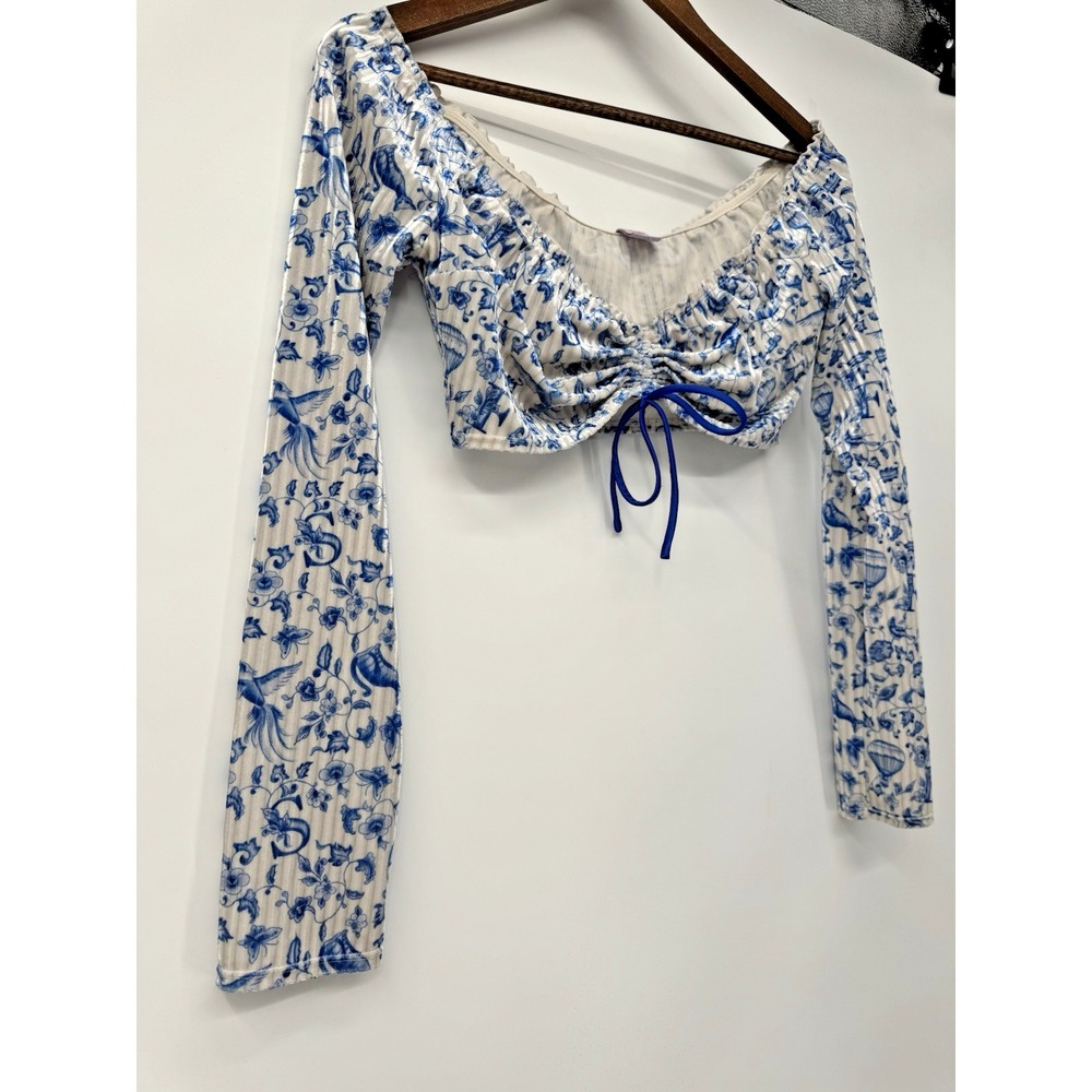 Coquette Blue Toile Ruched Drawstring Crop Top Milkmaid Corset Long sleeve - Picture 3 of 9